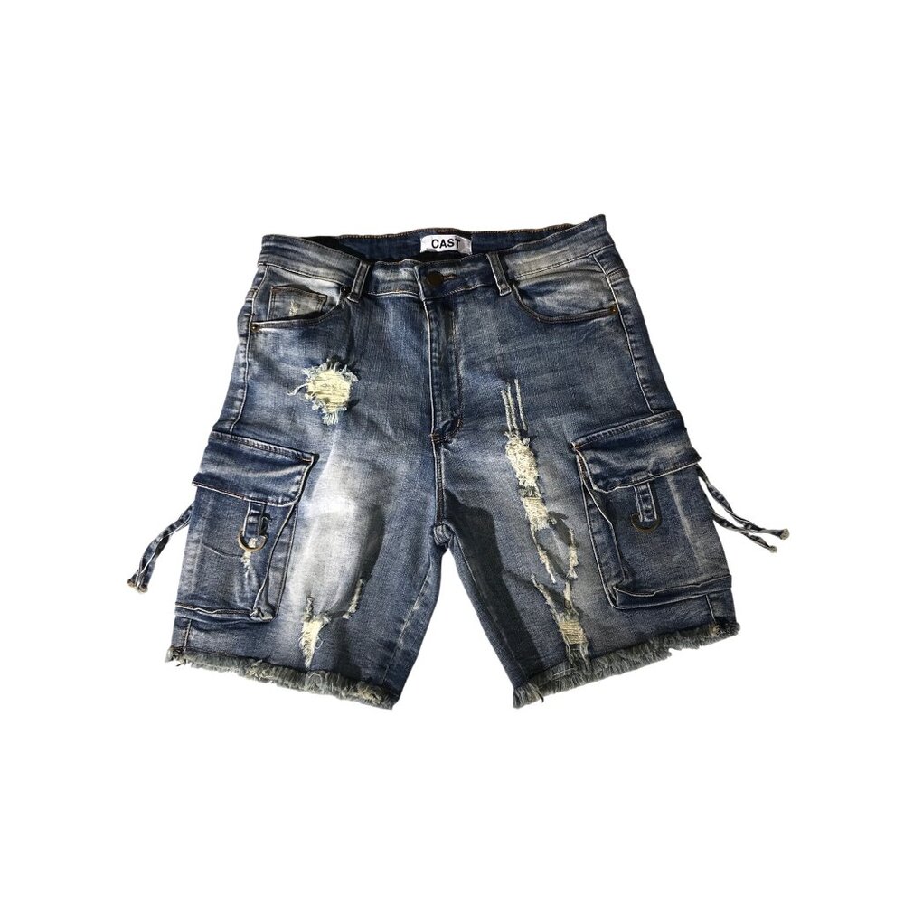 Cast Mens Distressed Denim Cargo Shorts Frayed Hem & Pockets